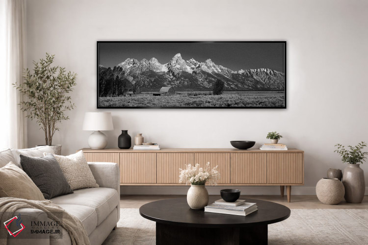 تابلو دکوراتیو "انبار در دشت قبل از کوه ها، پارک ملی گرند تیتون، وایوم… اثر پانورامیک ایمجز - D4B