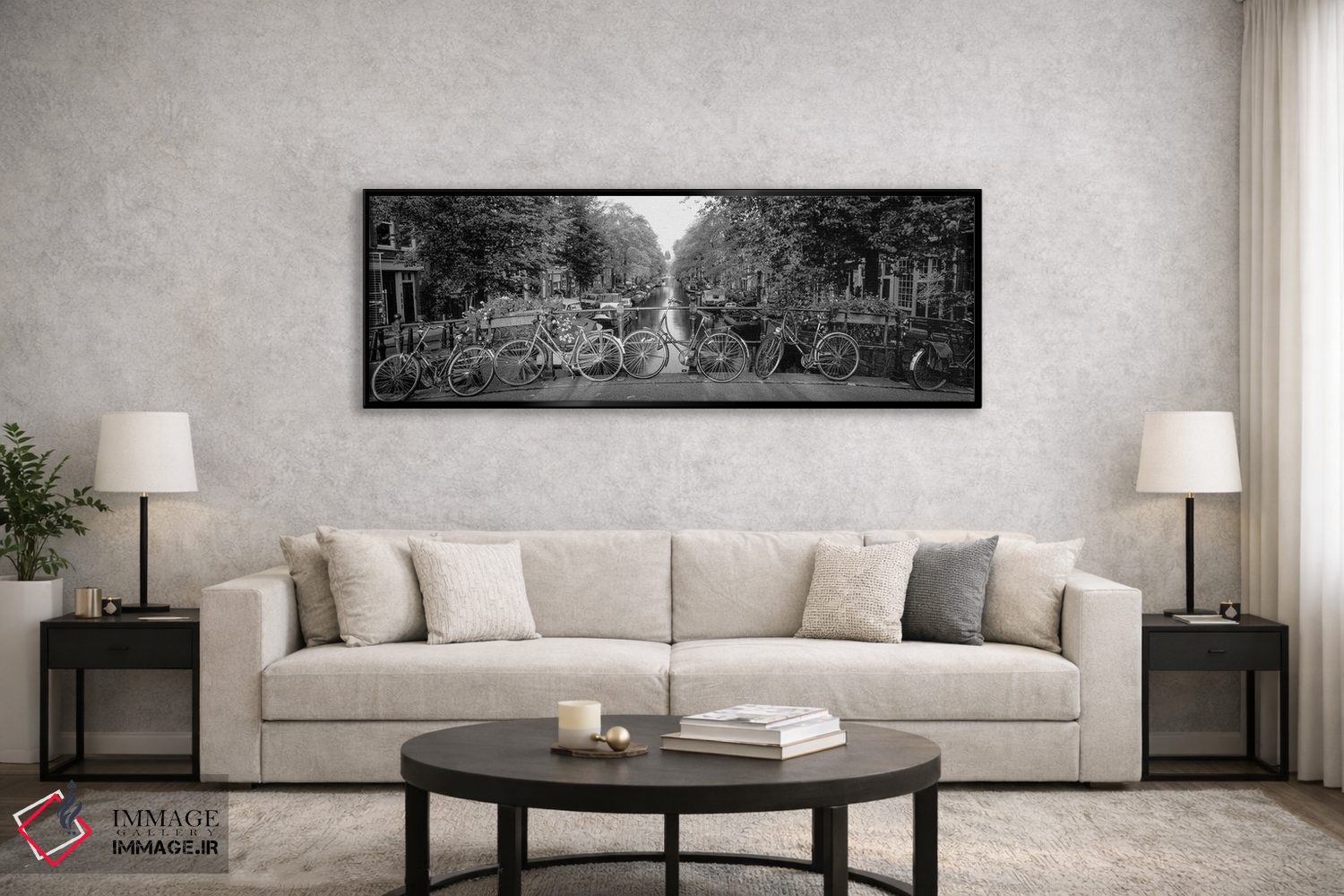 تابلو دکوراتیو "دوچرخه ها روی پل بر روی کانال، آمستردام، هلند" اثر پانورامیک ایمجز - D6B