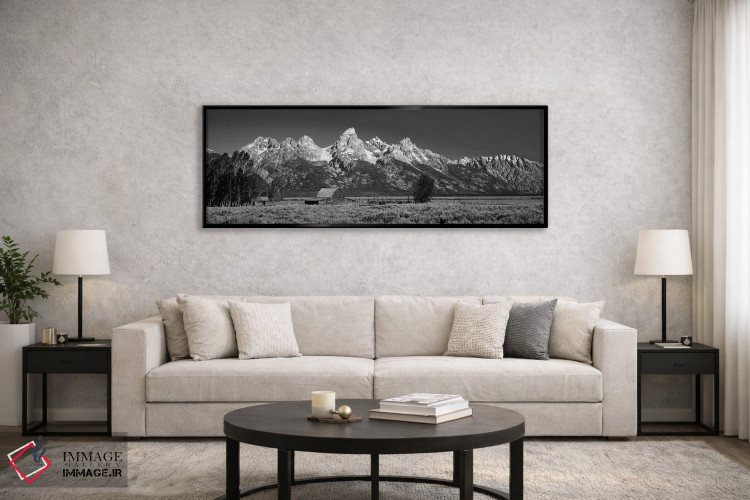 تابلو دکوراتیو "انبار در دشت قبل از کوه ها، پارک ملی گرند تیتون، وایوم… اثر پانورامیک ایمجز - D6B