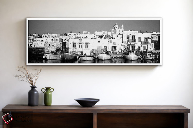 تابلو دکوراتیو "قایق ها در کنار آب، پاروس، جزایر سیکلاد، یونان" اثر پانورامیک ایمجز - D1W