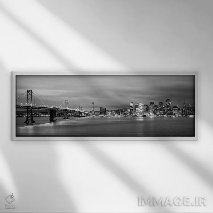 تابلو دکوراتیو "پل روشن شده در هنگام غروب، پل خلیج، خلیج سان فرانسیسکو… اثر پانورامیک ایمجز - نمای قابدار سفید