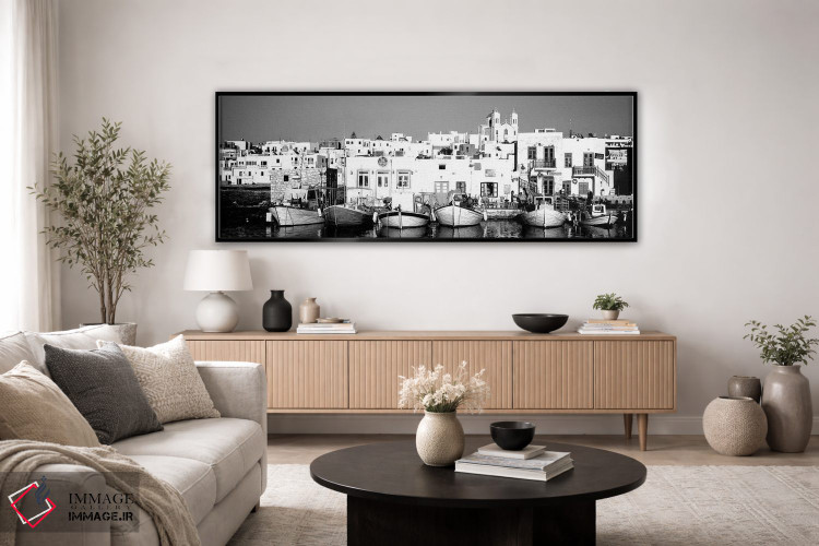 تابلو دکوراتیو "قایق ها در کنار آب، پاروس، جزایر سیکلاد، یونان" اثر پانورامیک ایمجز - D5B