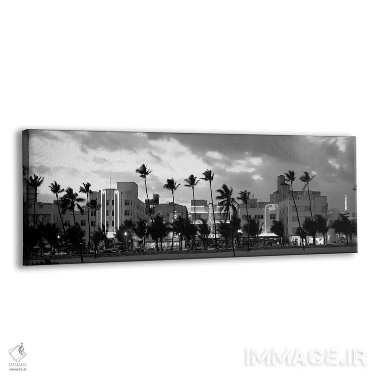 تابلو دکوراتیو "ساختمان ها روشن شده در هنگام غروب، اوشن درایو، میامی ب… اثر پانورامیک ایمجز - نمای پرسپکتیو محصول