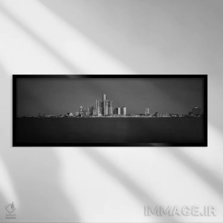 تابلو دکوراتیو "ساختمان ها در کنار آب، دیترویت، میشیگان، ایالات متحده" اثر پانورامیک ایمجز - نمای قابدار مشکی