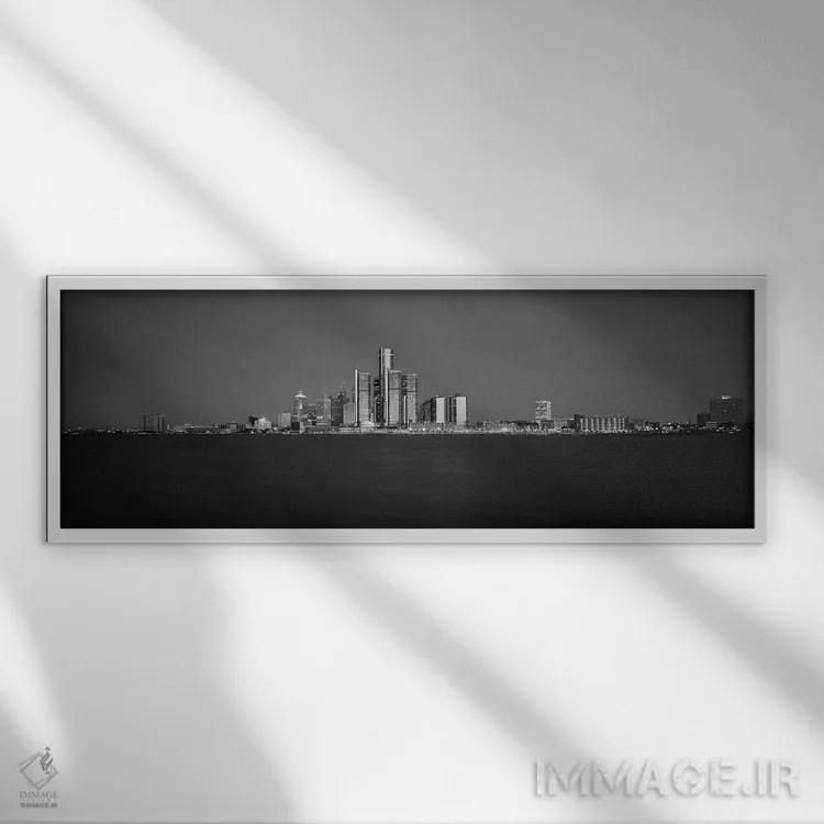 تابلو دکوراتیو "ساختمان ها در کنار آب، دیترویت، میشیگان، ایالات متحده" اثر پانورامیک ایمجز - نمای قابدار سفید