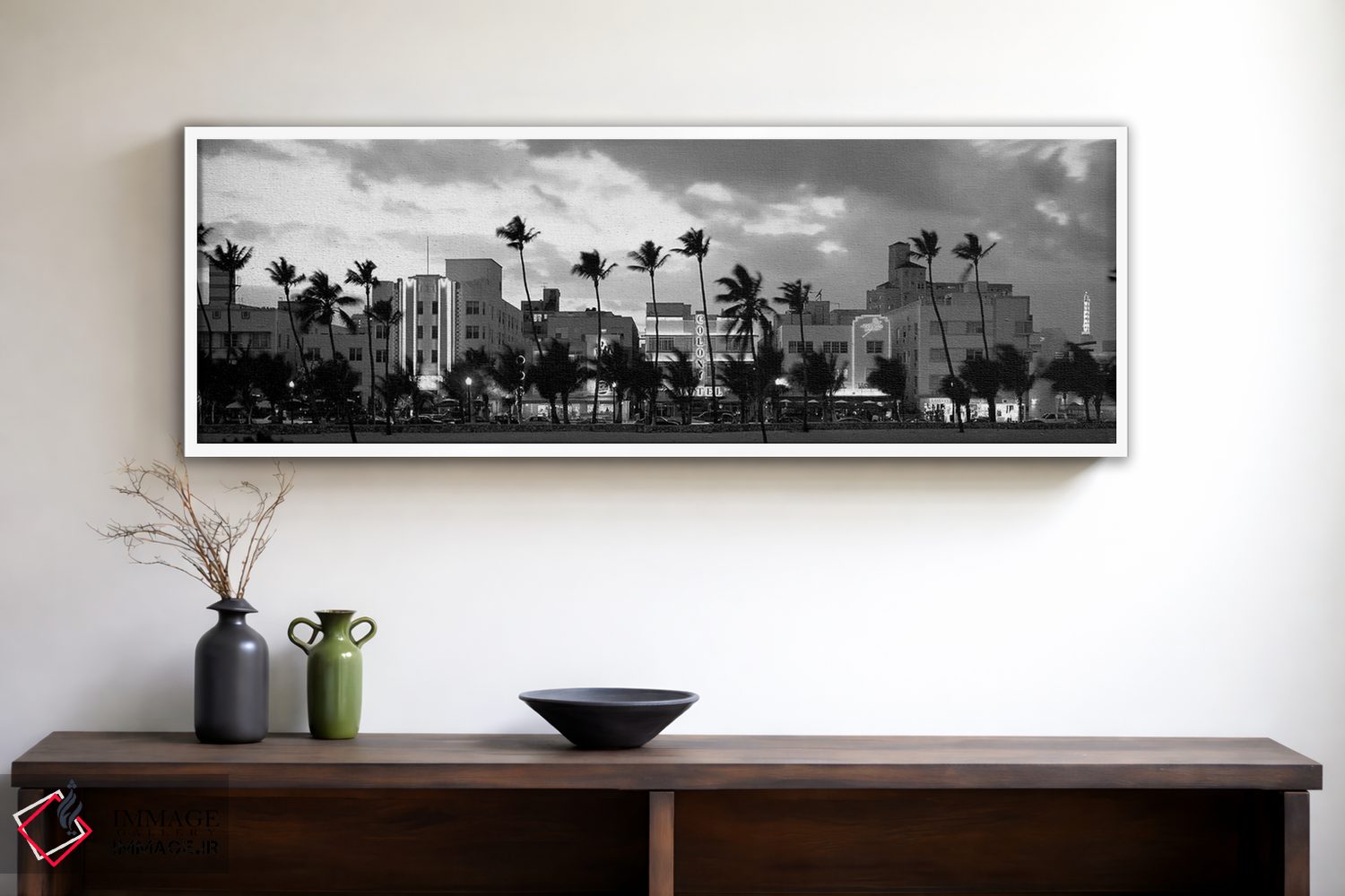 تابلو دکوراتیو "ساختمان ها روشن شده در هنگام غروب، اوشن درایو، میامی ب… اثر پانورامیک ایمجز - D1W