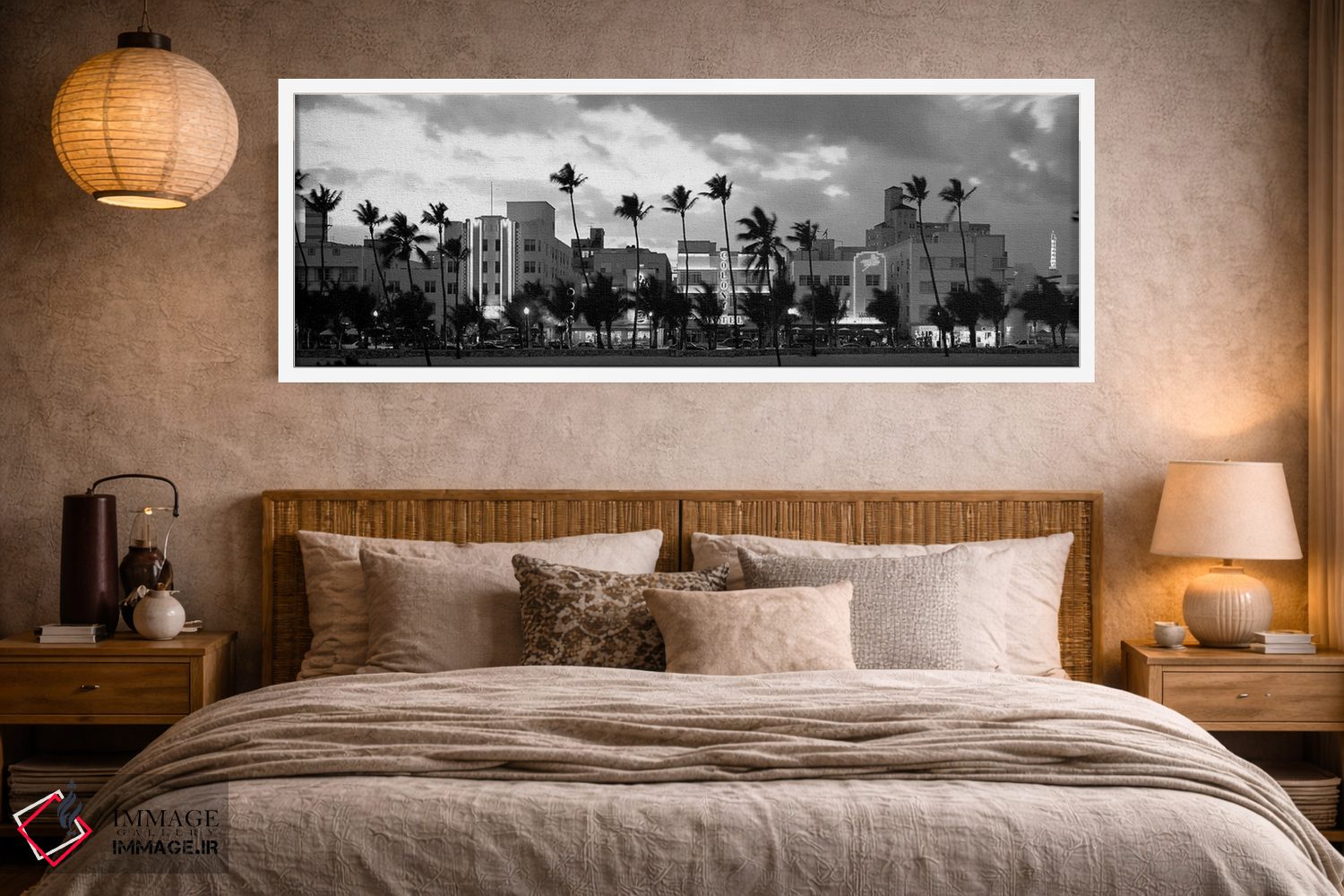 تابلو دکوراتیو "ساختمان ها روشن شده در هنگام غروب، اوشن درایو، میامی ب… اثر پانورامیک ایمجز - D3W