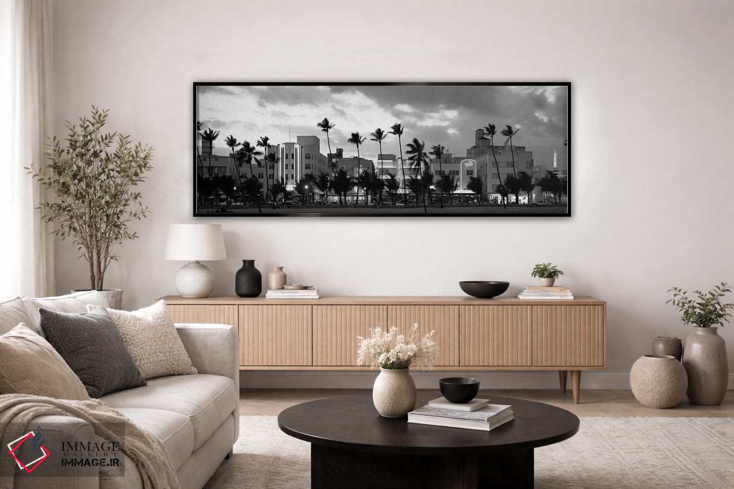 تابلو دکوراتیو "ساختمان ها روشن شده در هنگام غروب، اوشن درایو، میامی ب… اثر پانورامیک ایمجز - D4B