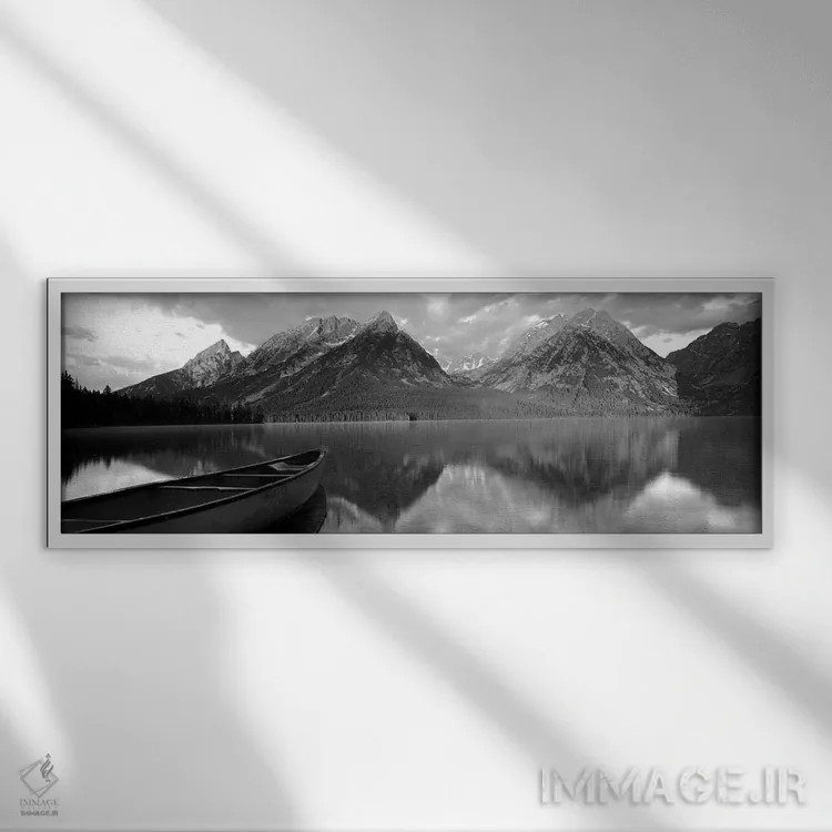 تابلو دکوراتیو "قایق در دریاچه لی، پارک ملی گرند تیتون، وایومینگ، ایال… اثر پانورامیک ایمجز - نمای قابدار سفید