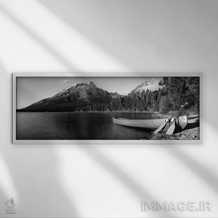 تابلو دکوراتیو "قایق در دریاچه لی، قله راکچاک، رشته کوه تیتون، پارک مل… اثر پانورامیک ایمجز - نمای قابدار سفید