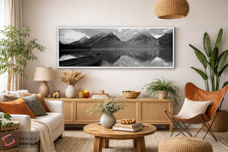 تابلو دکوراتیو "قایق در دریاچه لی، پارک ملی گرند تیتون، وایومینگ، ایال… اثر پانورامیک ایمجز - D3W