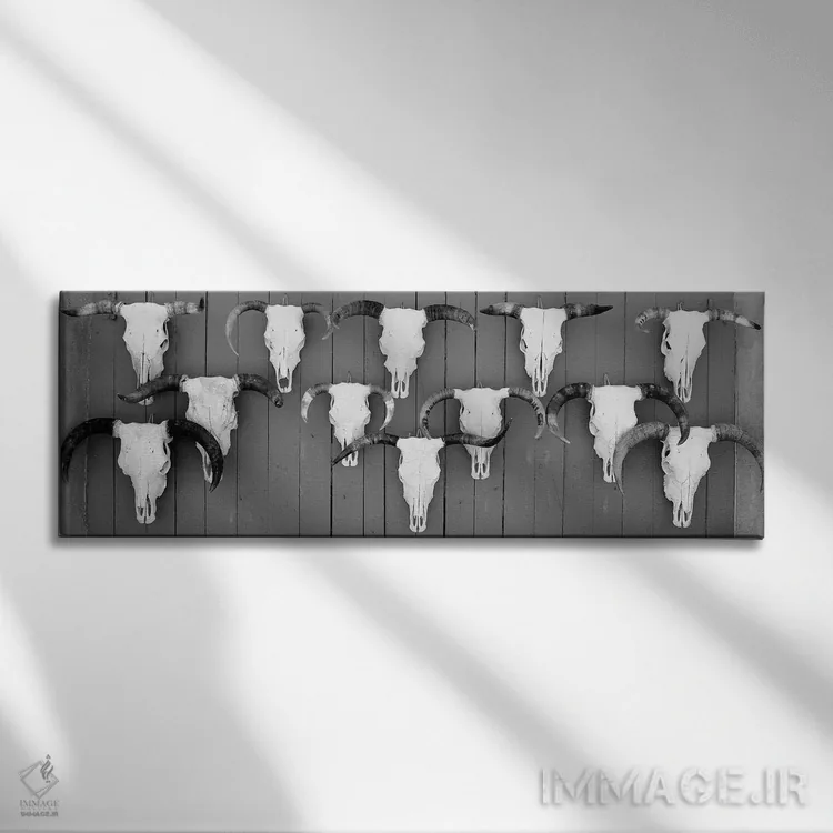 تابلو دکوراتیو "جمجمه های گاو آویزان روی تخته ها، تاووس، نیومکزیکو، ای… اثر پانورامیک ایمجز - نمای روبهرو روی دیوار