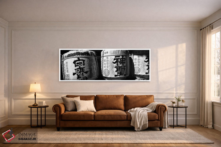 تابلو دکوراتیو "نمای نزدیک از سه بشکه ساکه وقف شده، معبد ایماجیا، منطق… اثر پانورامیک ایمجز - D6W