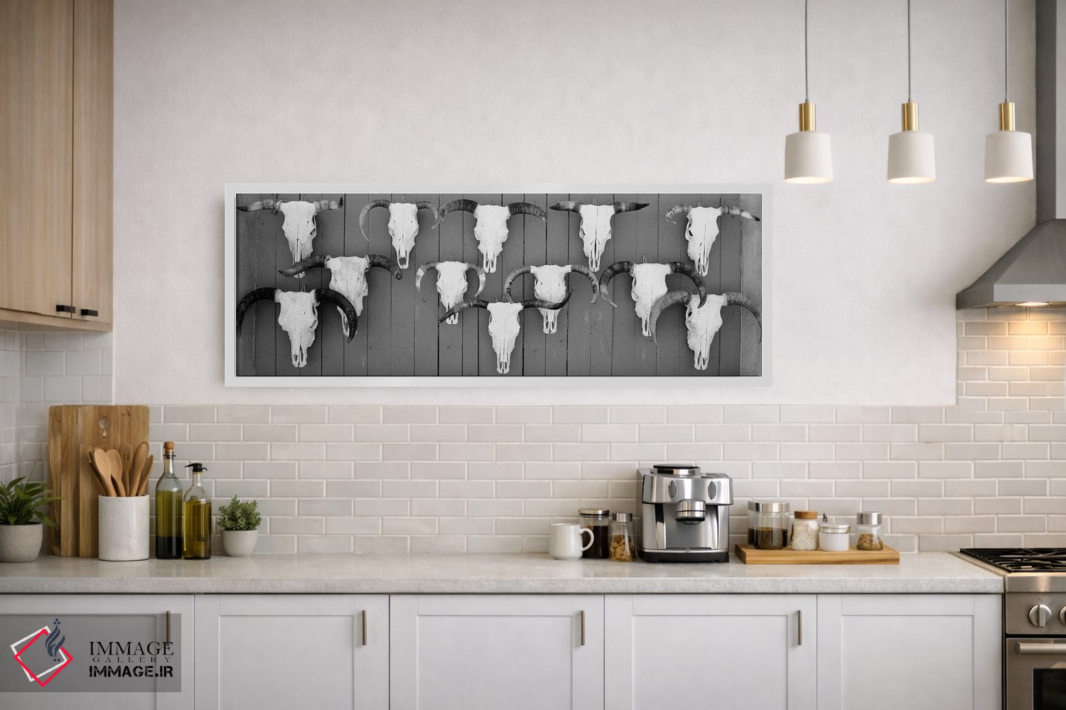 تابلو دکوراتیو "جمجمه های گاو آویزان روی تخته ها، تاووس، نیومکزیکو، ای… اثر پانورامیک ایمجز - D1W