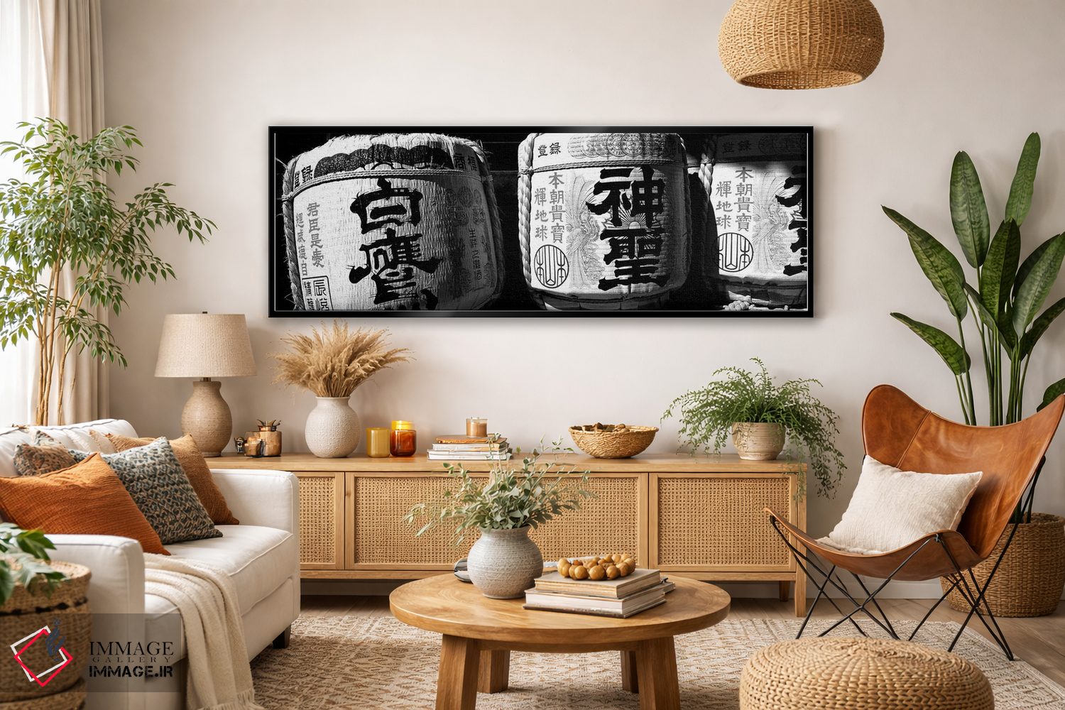 تابلو دکوراتیو "نمای نزدیک از سه بشکه ساکه وقف شده، معبد ایماجیا، منطق… اثر پانورامیک ایمجز - D5B
