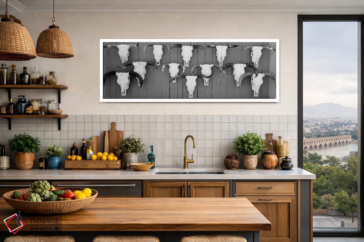 تابلو دکوراتیو "جمجمه های گاو آویزان روی تخته ها، تاووس، نیومکزیکو، ای… اثر پانورامیک ایمجز - D3W