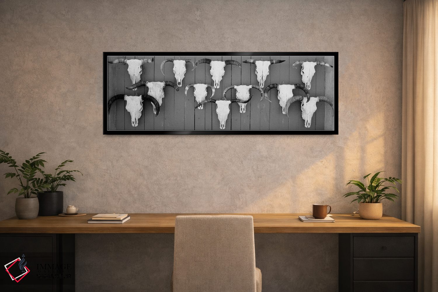 تابلو دکوراتیو "جمجمه های گاو آویزان روی تخته ها، تاووس، نیومکزیکو، ای… اثر پانورامیک ایمجز - D2B