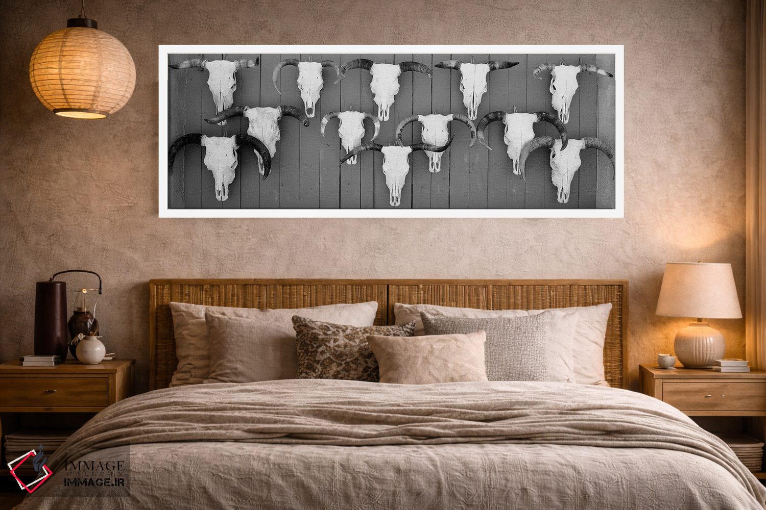 تابلو دکوراتیو "جمجمه های گاو آویزان روی تخته ها، تاووس، نیومکزیکو، ای… اثر پانورامیک ایمجز - D4W