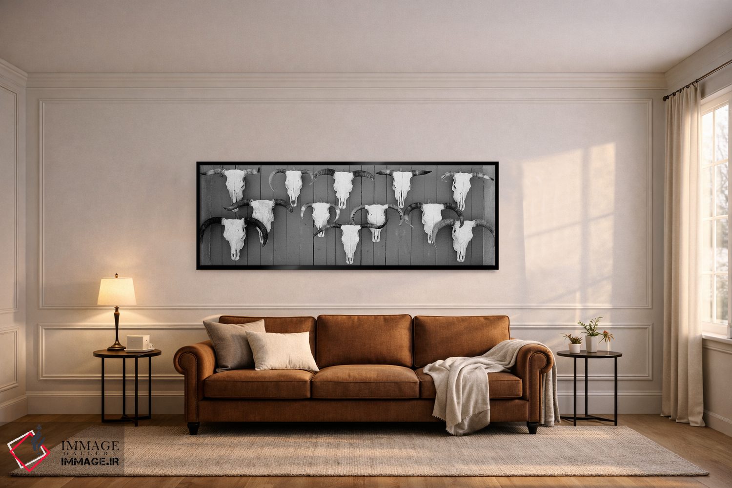 تابلو دکوراتیو "جمجمه های گاو آویزان روی تخته ها، تاووس، نیومکزیکو، ای… اثر پانورامیک ایمجز - D6B