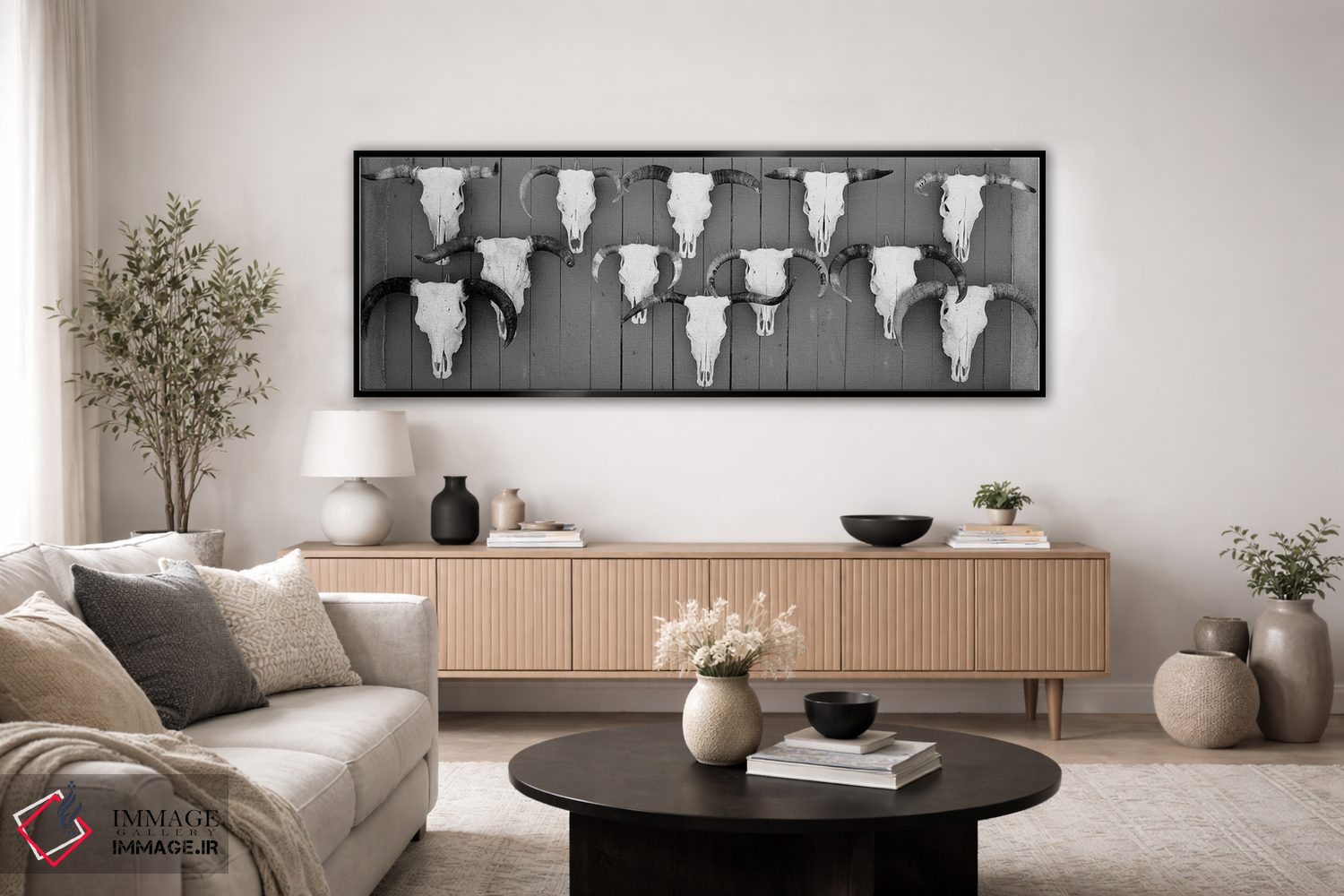 تابلو دکوراتیو "جمجمه های گاو آویزان روی تخته ها، تاووس، نیومکزیکو، ای… اثر پانورامیک ایمجز - D5B