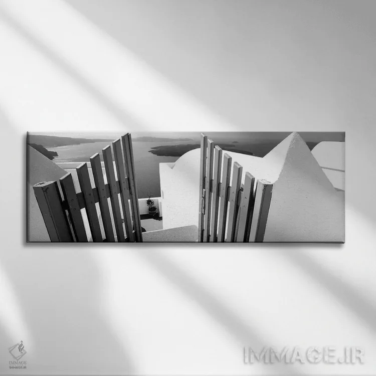 تابلو دکوراتیو "دروازه در تراس یک خانه، سانتورینی، جزایر سیکلاد، یونان… اثر پانورامیک ایمجز - نمای روبهرو روی دیوار