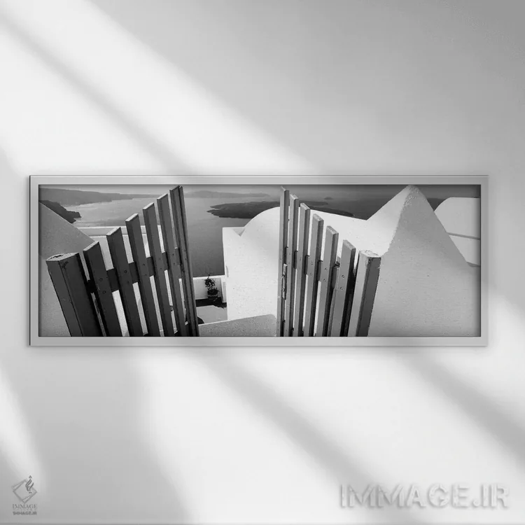 تابلو دکوراتیو "دروازه در تراس یک خانه، سانتورینی، جزایر سیکلاد، یونان… اثر پانورامیک ایمجز - نمای قابدار سفید