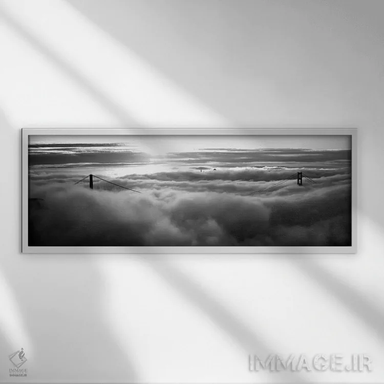 تابلو دکوراتیو "پل گلدن گیت پوشیده از مه دیده شده از تپه هاوک، خلیج سا… اثر پانورامیک ایمجز - نمای قابدار سفید