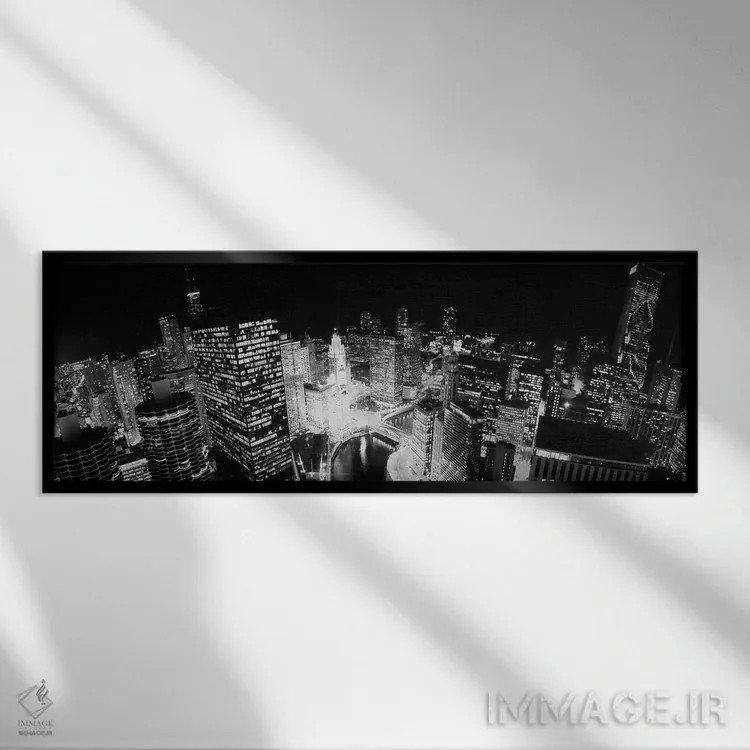 تابلو دکوراتیو "نمای بلند از شیکاگو در شب" اثر پانورامیک ایمجز - نمای قابدار مشکی