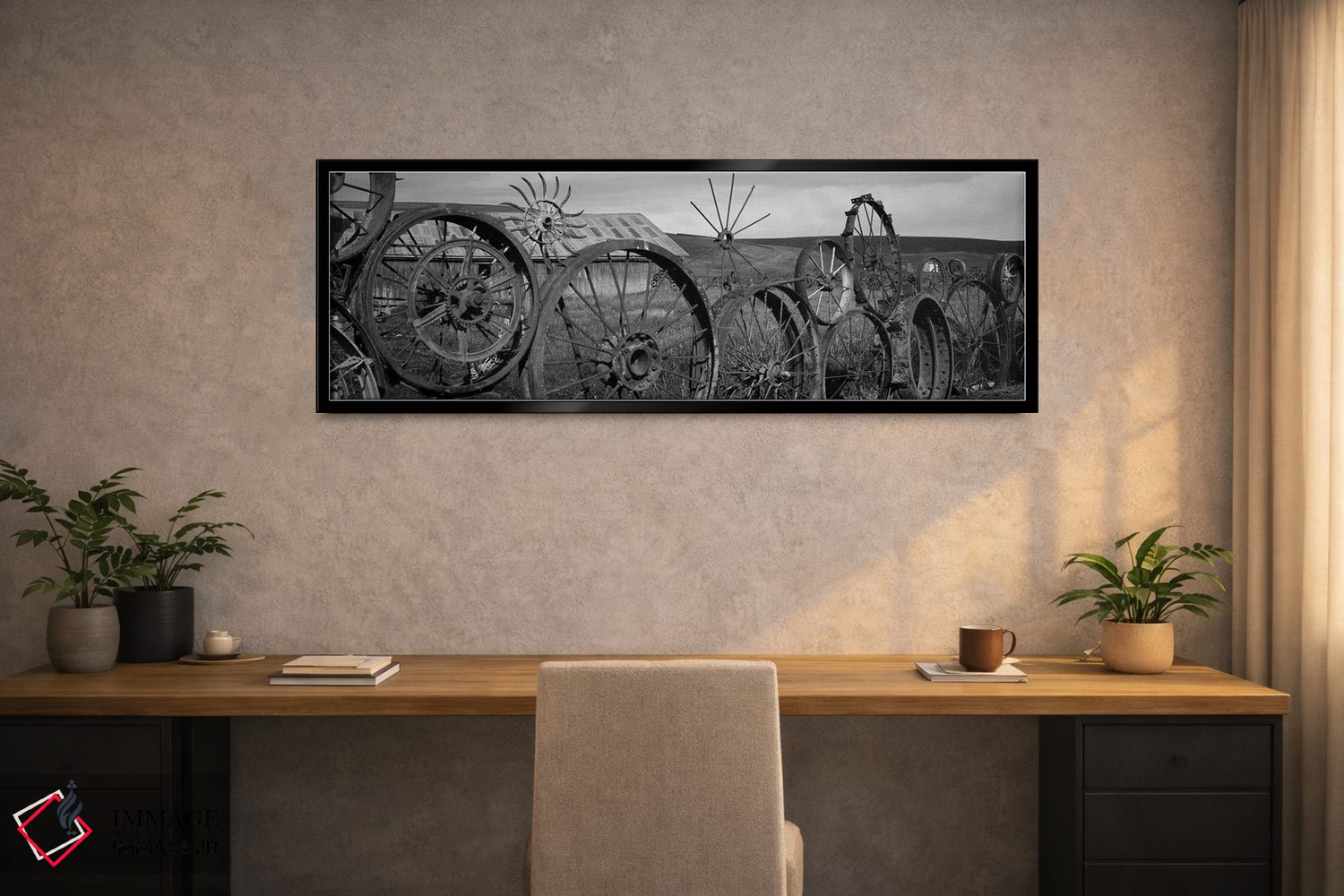 تابلو دکوراتیو "انبار قدیمی با حصاری از چرخ ها، پالووس، شهرستان ویتمن… اثر پانورامیک ایمجز - D2B