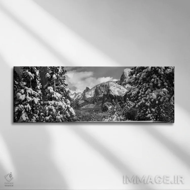 تابلو دکوراتیو "درختان برفی در زمستان، دره یوسمیتی، پارک ملی یوسمیتی… اثر پانورامیک ایمجز - نمای روبهرو روی دیوار