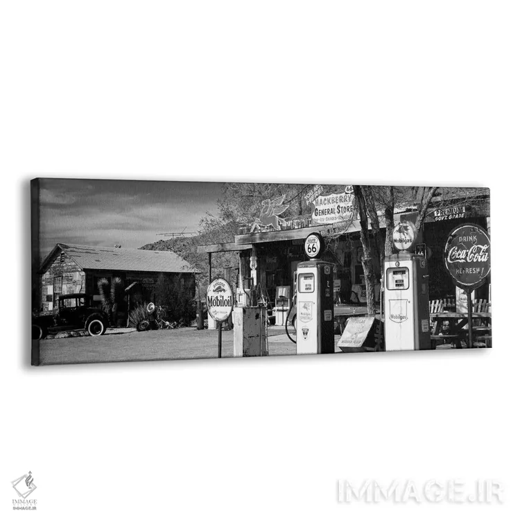 تابلو دکوراتیو "فروشگاهی با پمپ بنزین در کنار جاده، جاده 66، هاکنبری… اثر پانورامیک ایمجز - نمای پرسپکتیو محصول