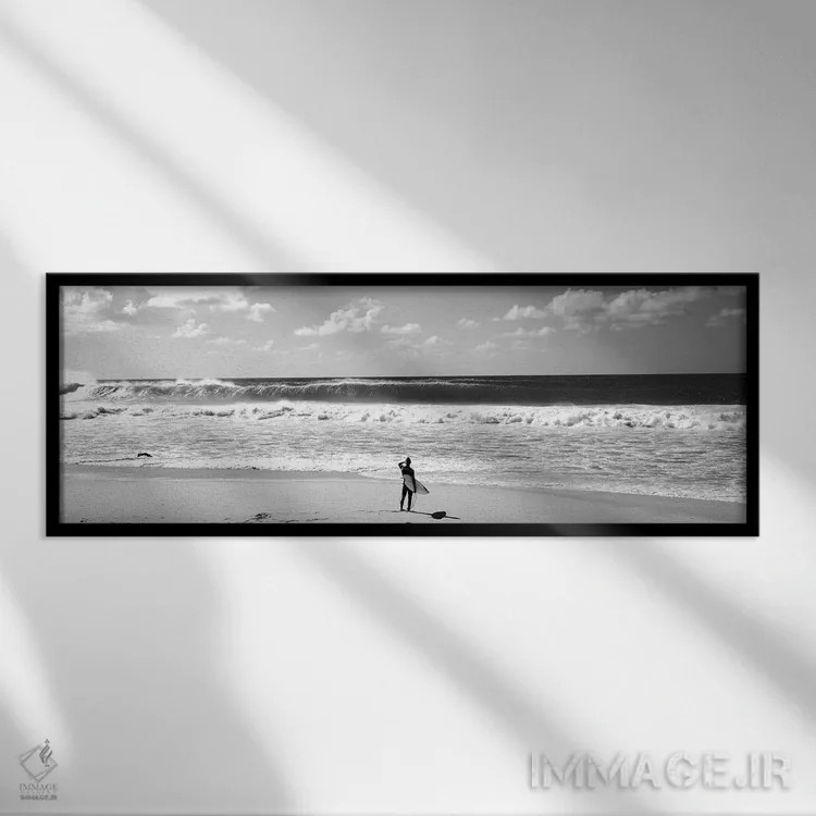 تابلو دکوراتیو "ساحل نشین ایستاده در ساحل، ساحل شمالی، اوآهو، هاوایی… اثر پانورامیک ایمجز - نمای قابدار مشکی