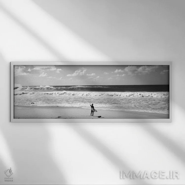 تابلو دکوراتیو "ساحل نشین ایستاده در ساحل، ساحل شمالی، اوآهو، هاوایی… اثر پانورامیک ایمجز - نمای قابدار سفید