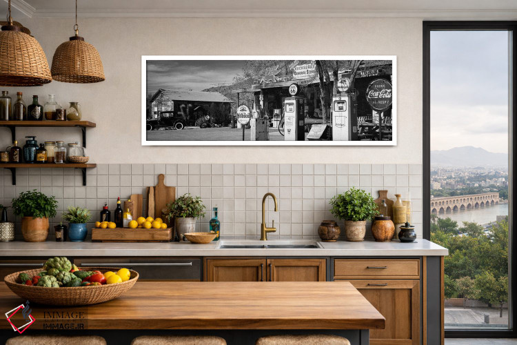 تابلو دکوراتیو "فروشگاهی با پمپ بنزین در کنار جاده، جاده 66، هاکنبری… اثر پانورامیک ایمجز - D3W