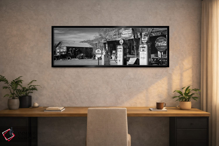 تابلو دکوراتیو "فروشگاهی با پمپ بنزین در کنار جاده، جاده 66، هاکنبری… اثر پانورامیک ایمجز - D2B