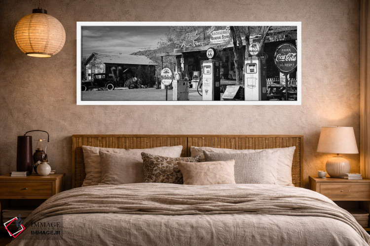 تابلو دکوراتیو "فروشگاهی با پمپ بنزین در کنار جاده، جاده 66، هاکنبری… اثر پانورامیک ایمجز - D4W