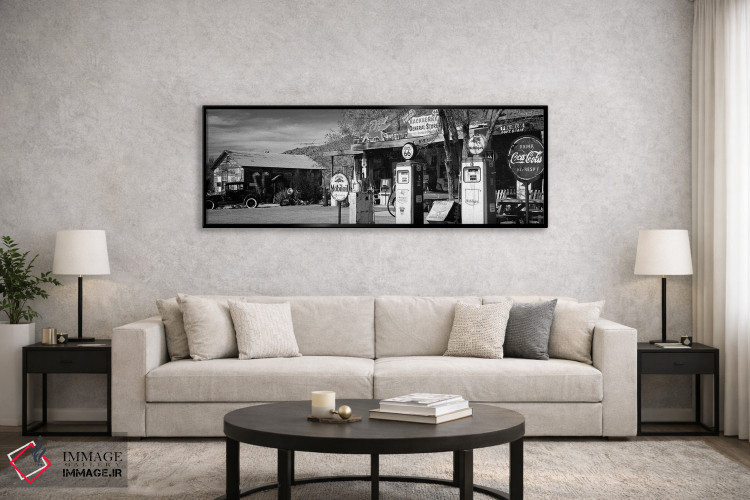 تابلو دکوراتیو "فروشگاهی با پمپ بنزین در کنار جاده، جاده 66، هاکنبری… اثر پانورامیک ایمجز - D6B