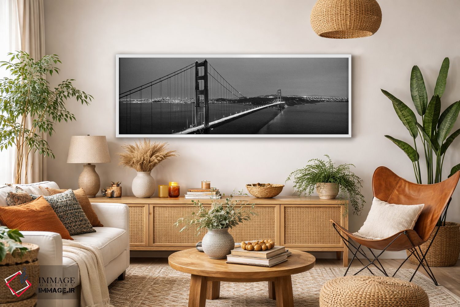 تابلو دکوراتیو "پل معلق روشن در شامگاه، پل دروازه طلایی، سانفرانسیسکو… اثر پانورامیک ایمجز - D3W