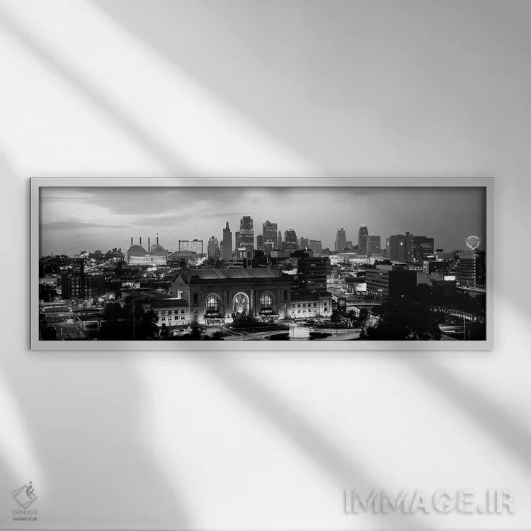 تابلو دکوراتیو "ایستگاه اتحادیه در هنگام غروب با خط افق شهری در پس زمی… اثر پانورامیک ایمجز - نمای قابدار سفید