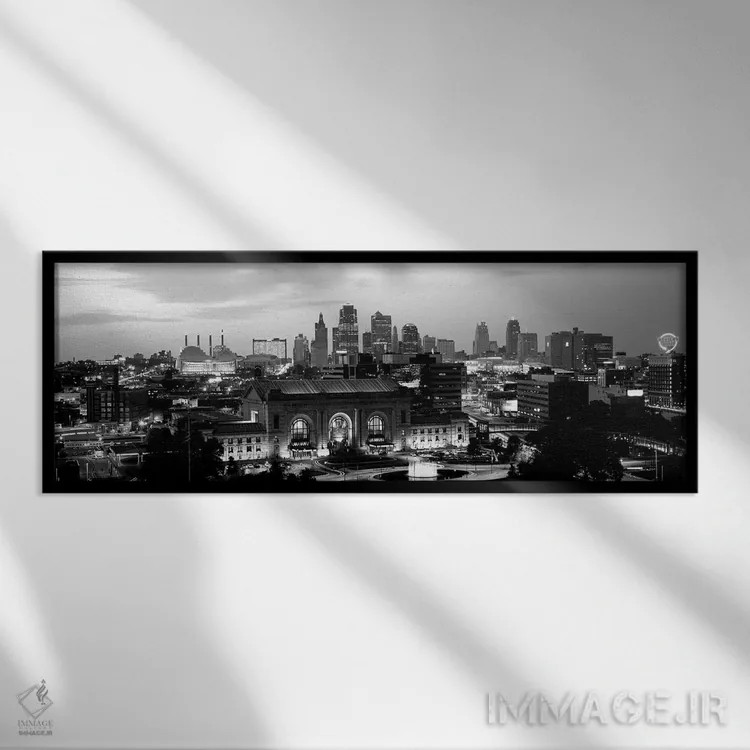 تابلو دکوراتیو "ایستگاه اتحادیه در هنگام غروب با خط افق شهری در پس زمی… اثر پانورامیک ایمجز - نمای قابدار مشکی