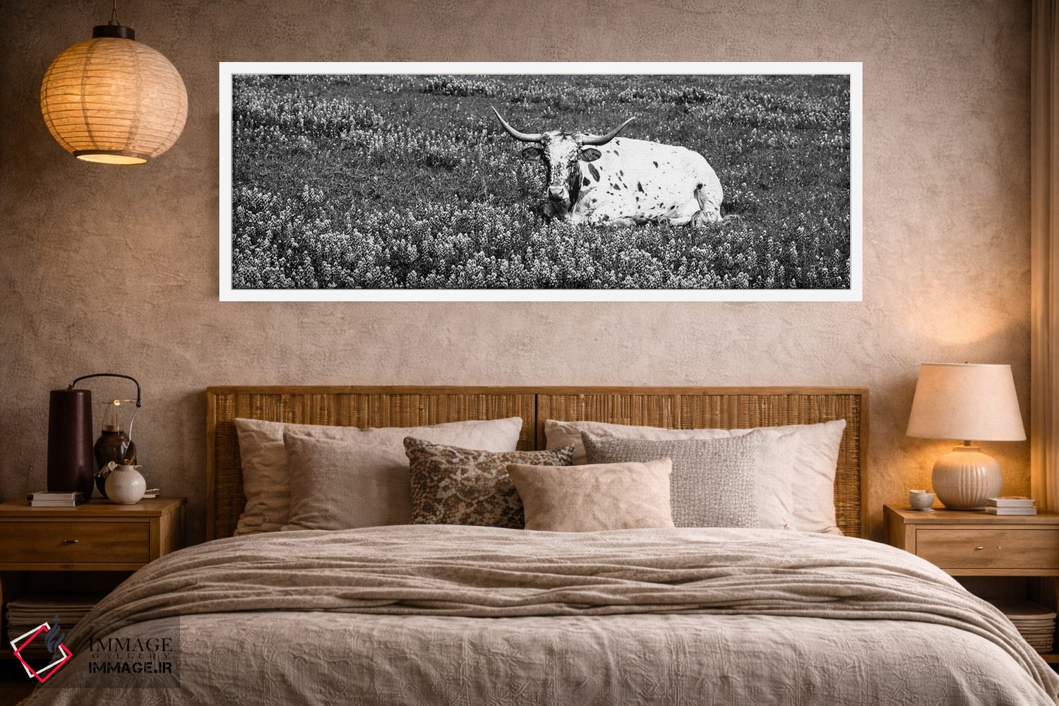 تابلو دکوراتیو "گاو لانگ هورن تگزاس نشسته در یک زمین، شهرستان هیل، تگز… اثر پانورامیک ایمجز - D4W