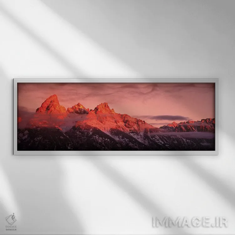 تابلو دکوراتیو "طلوع آفتاب، رشته کوه تی تن، پارک ملی گرند تی تن، وایوم… اثر پانورامیک ایمجز - نمای قابدار سفید