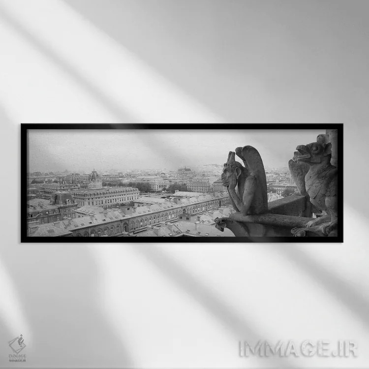 تابلو دکوراتیو مجسمه گارگویل در کلیسا، نوتردام، پاریس، ایل-دو-فرانس، ف… اثر پانورامیک ایمجز - نمای قابدار مشکی