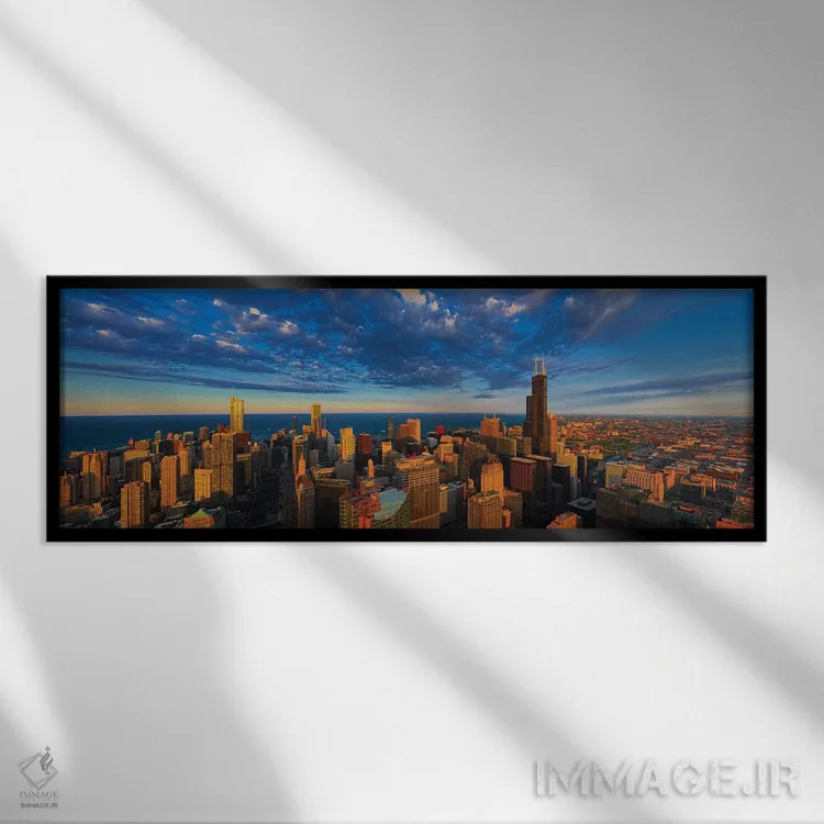 تابلو دکوراتیو نمای هوایی از منظره شهری در کنار آب، دریاچه میشیگان، شی… اثر پانورامیک ایمجز - نمای قابدار مشکی