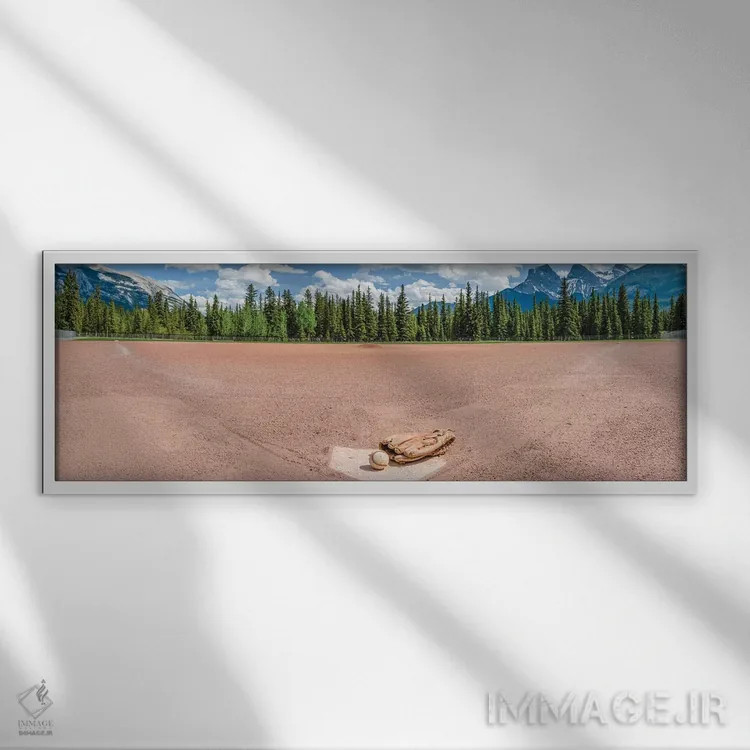 تابلو دکوراتیو دستکش بیسبال و توپ در منظر، میدان بیسبال، آلبرتا، کاناد… اثر پانورامیک ایمجز - نمای قابدار سفید