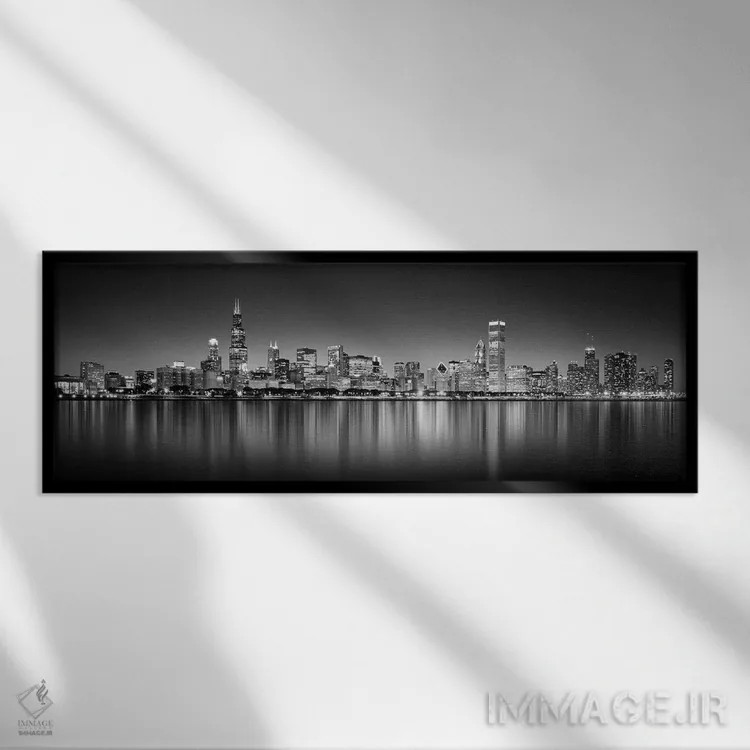 تابلو دکوراتیو انعکاس آسمان خراش ها در دریاچه، دریاچه میشیگان، شیکاگو… اثر پانورامیک ایمجز - نمای قابدار مشکی