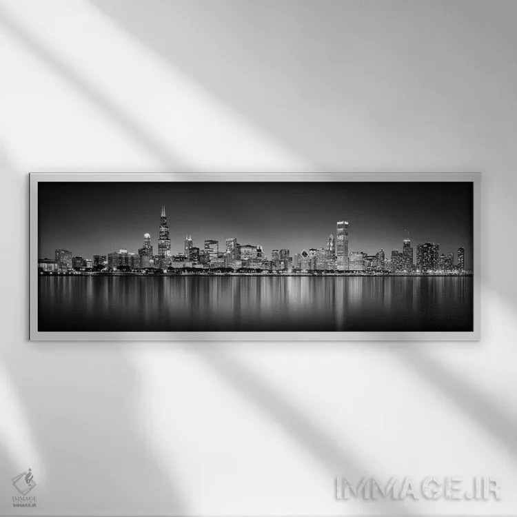 تابلو دکوراتیو انعکاس آسمان خراش ها در دریاچه، دریاچه میشیگان، شیکاگو… اثر پانورامیک ایمجز - نمای قابدار سفید