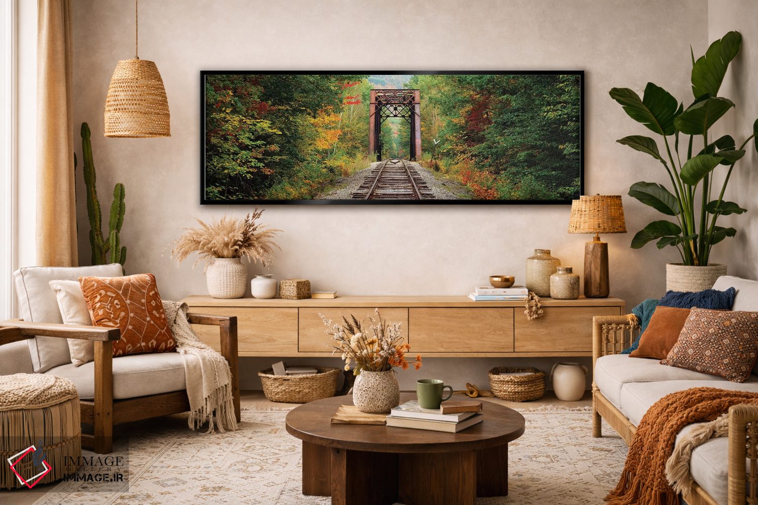 تابلو دکوراتیو ریل راه آهن که از میان جنگلی می گذرد، جنگل ملی کوه های… اثر پانورامیک ایمجز - D4B