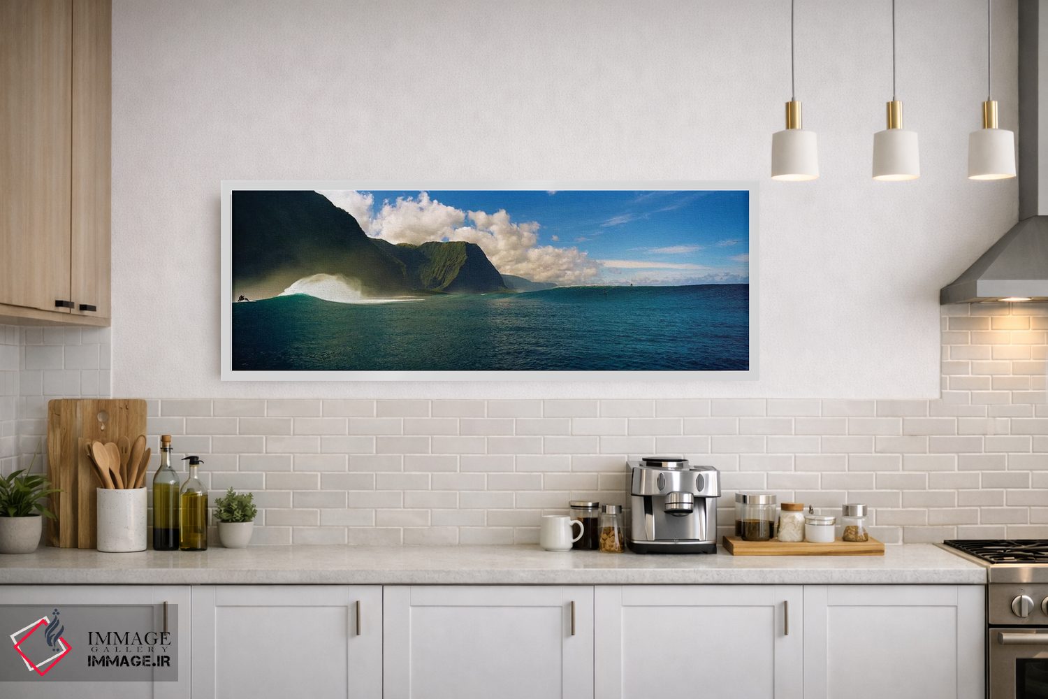 تابلو دکوراتیو امواج متحرک با کوه ها در پس زمینه، مولوکای، هاوایی اثر پانورامیک ایمجز - D1W