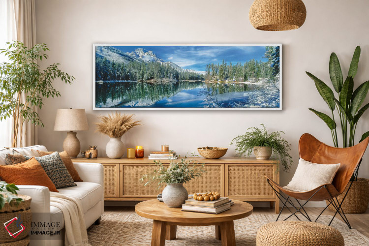 تابلو دکوراتیو کوه و درختان پوشیده از برف که در دریاچه منعکس شده اند… اثر پانورامیک ایمجز - D2W
